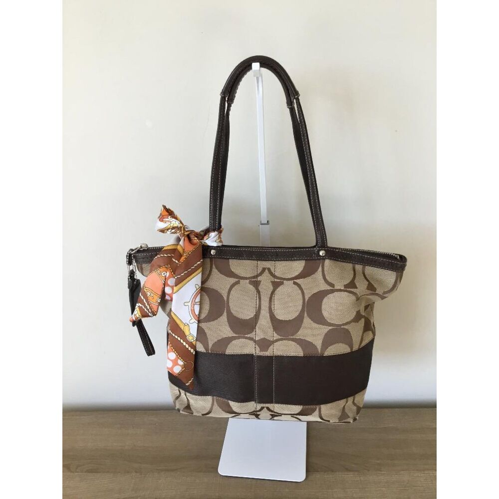 Coach Signature Stripe Tote Bag Khaki & Brown Jacquard Canvas, Leather Trim
